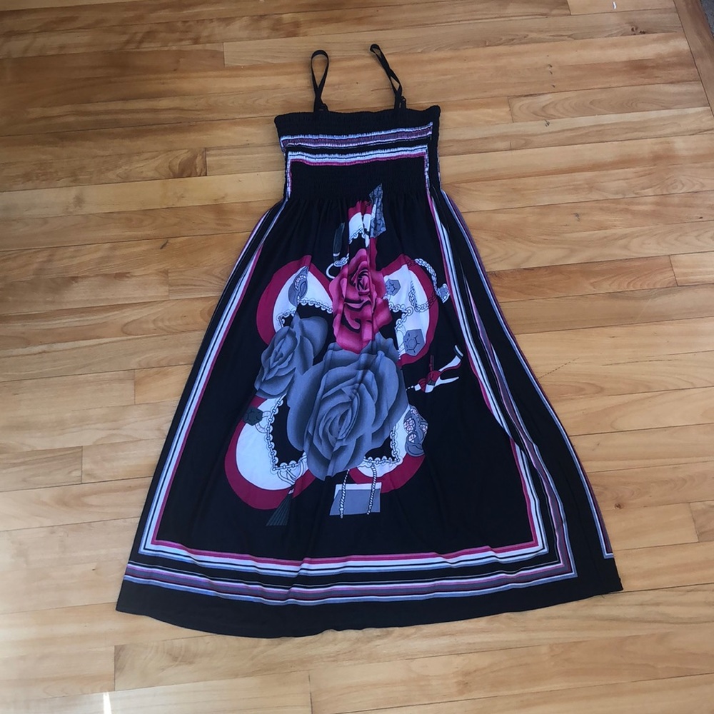 Black and pink floral satin dress
